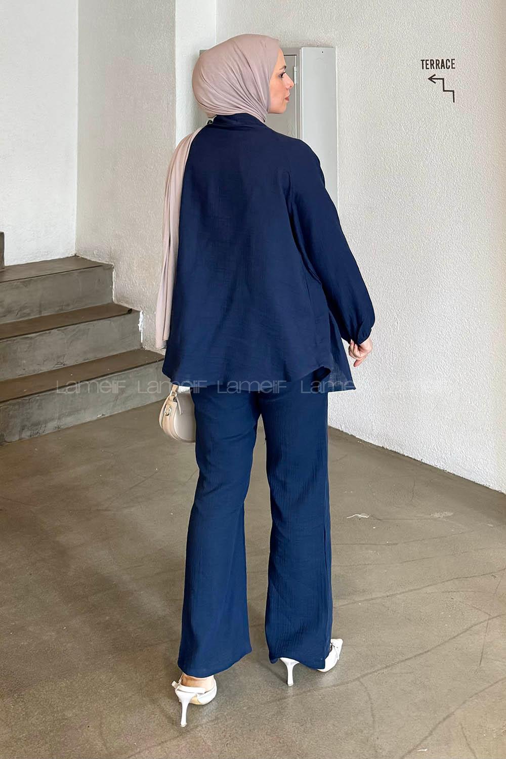 Lamelif Müslin Kimono İkili Tesettür Takım Lacivert