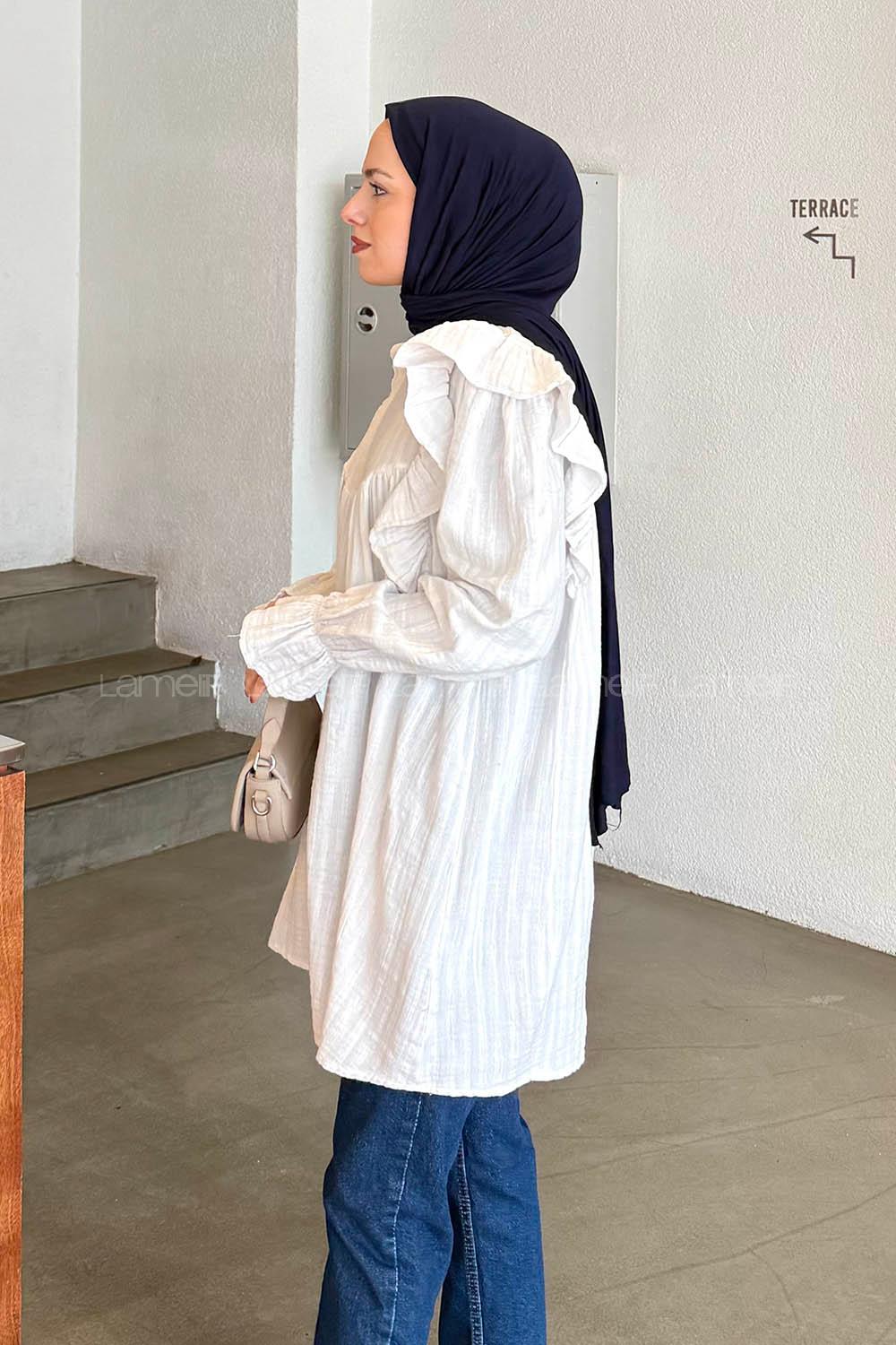 Lamelif Omuz Fırfırlı Tesettür Tunik Beyaz