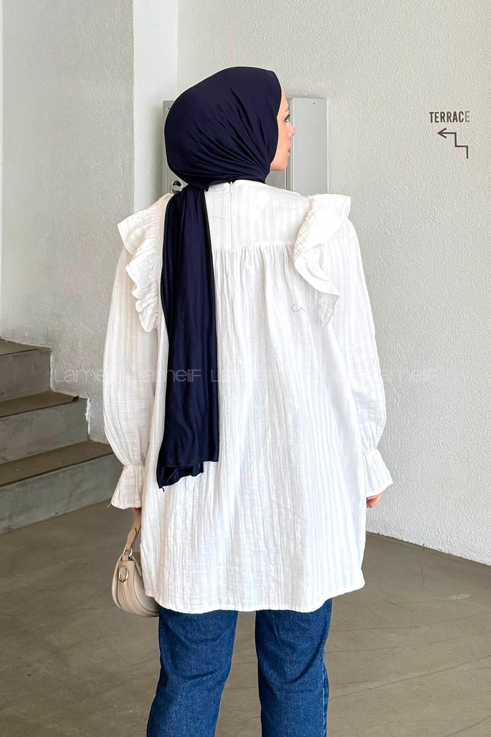 Lamelif Omuz Fırfırlı Tesettür Tunik Beyaz