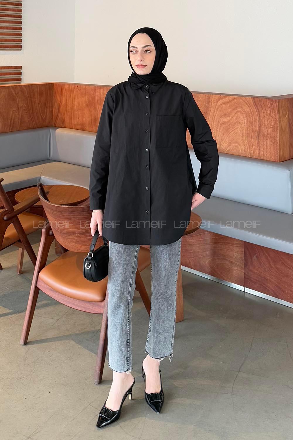 Lamelif Tek Cepli Tesettür Gömlek Siyah
