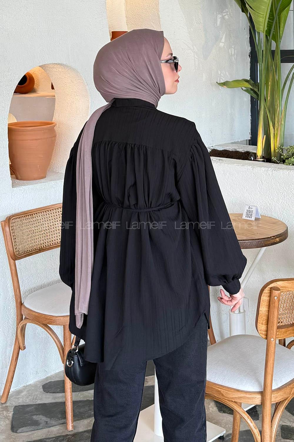 Lamelif Bağlama Detaylı Tesettür Gömlek Siyah