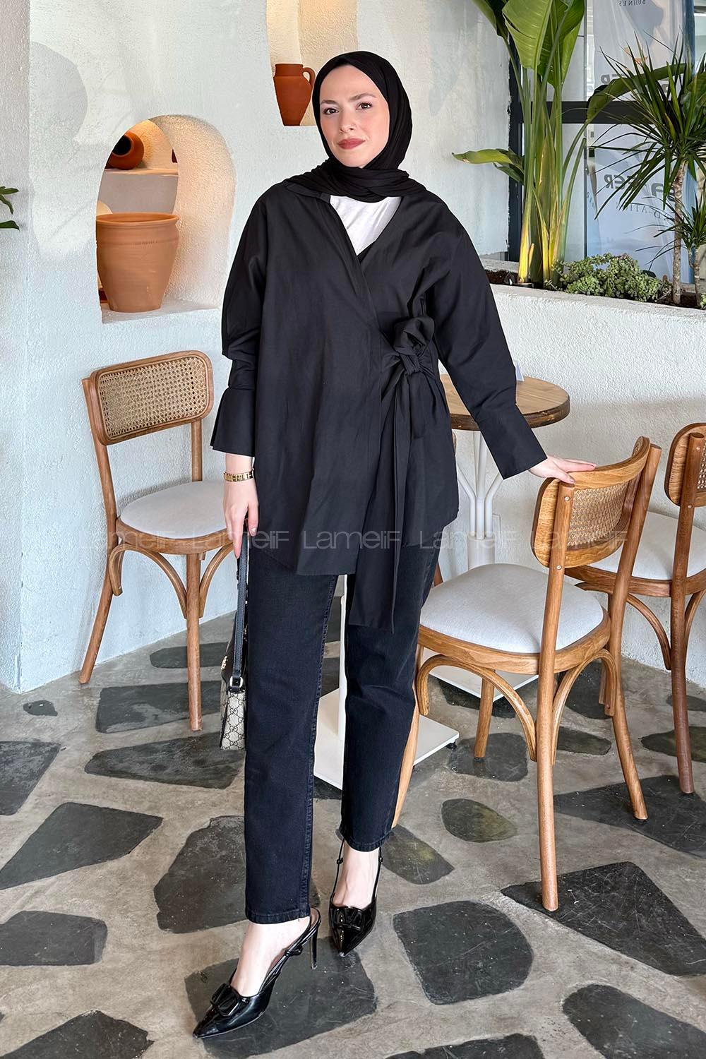 Lamelif Bağlama Detaylı Tesettür Gömlek Siyah
