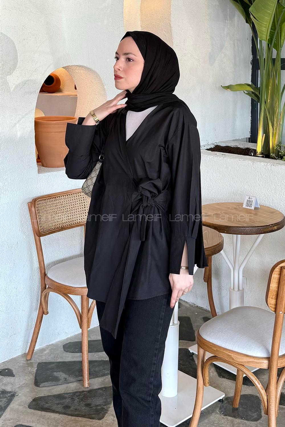 Lamelif Bağlama Detaylı Tesettür Gömlek Siyah