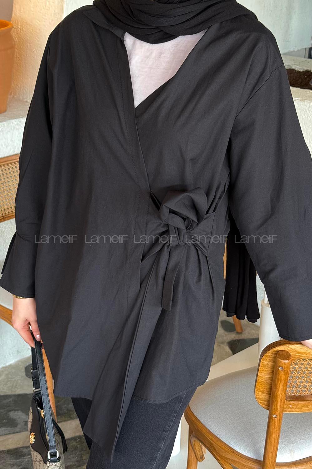 Lamelif Bağlama Detaylı Tesettür Gömlek Siyah