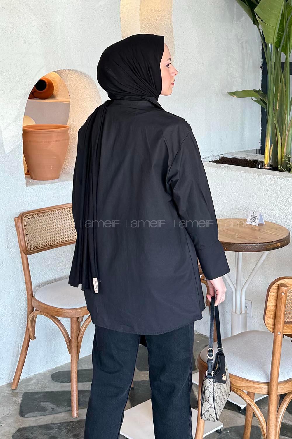 Lamelif Bağlama Detaylı Tesettür Gömlek Siyah