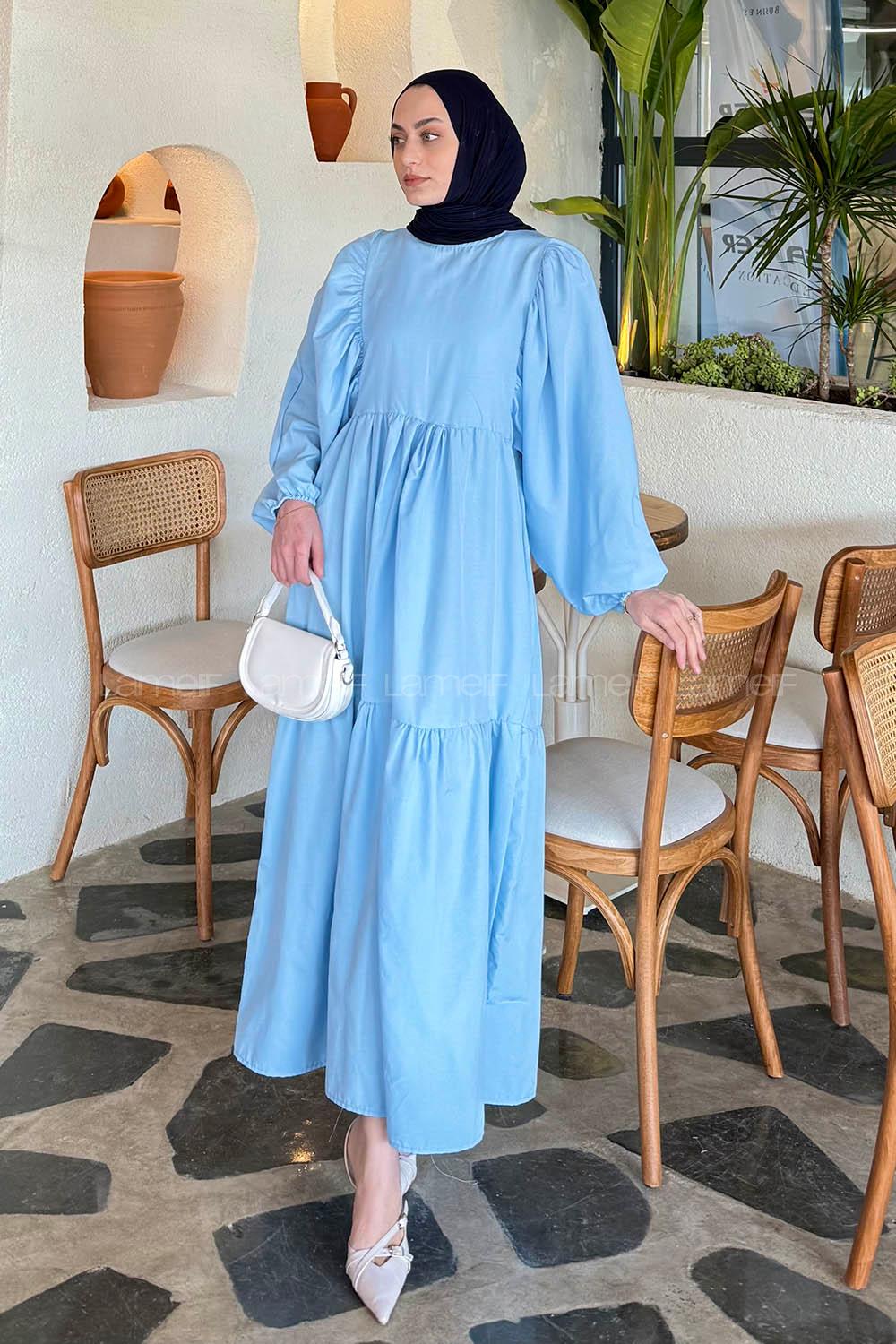 Lamelif Balon Kol Katlı Tesettür Elbise Bebe Mavisi