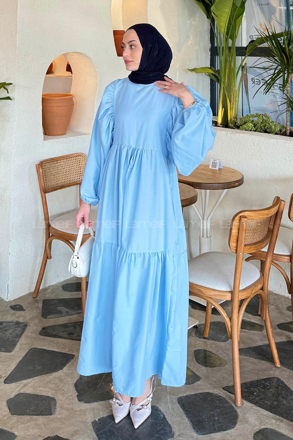 Lamelif Balon Kol Katlı Tesettür Elbise Bebe Mavisi