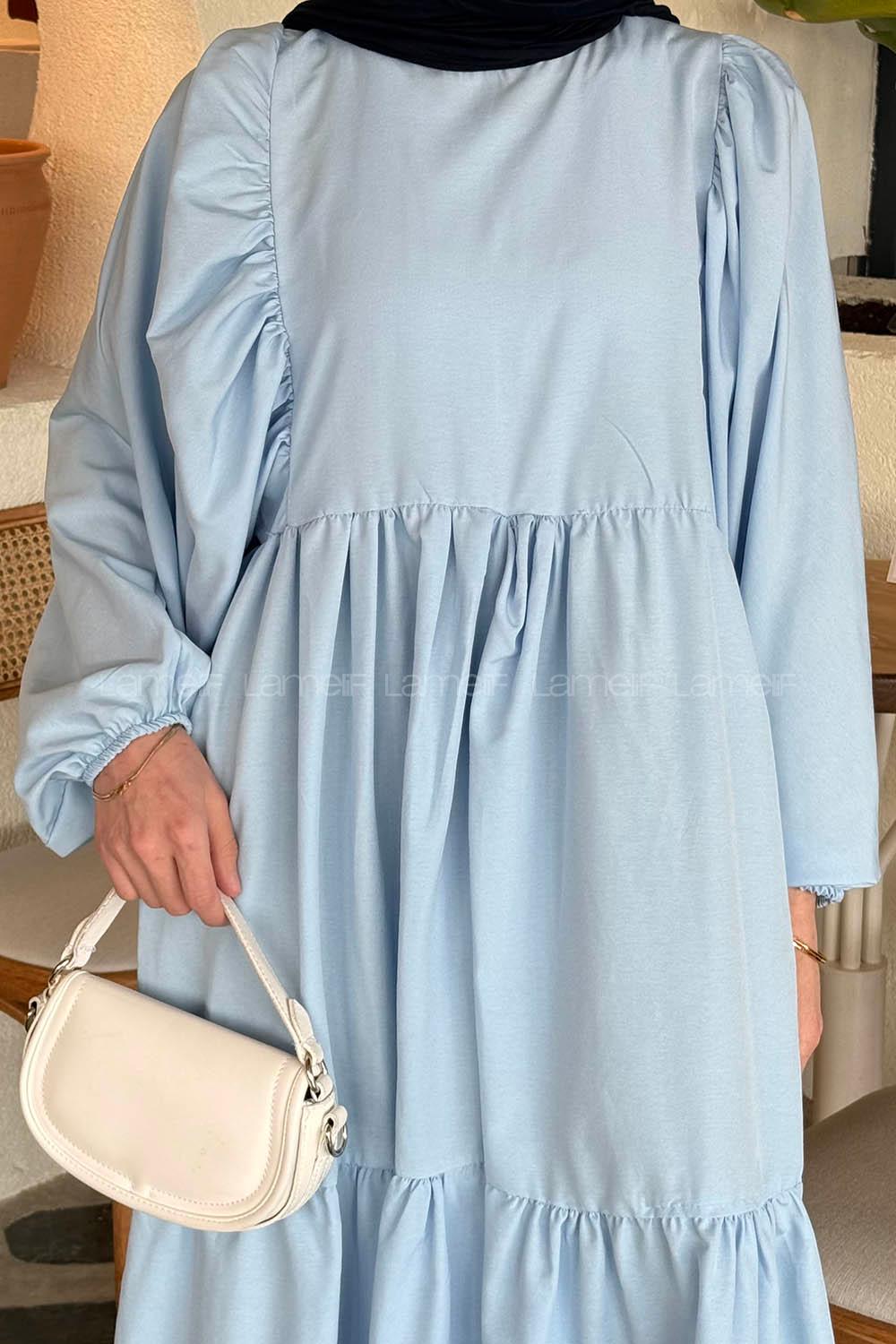 Lamelif Balon Kol Katlı Tesettür Elbise Bebe Mavisi