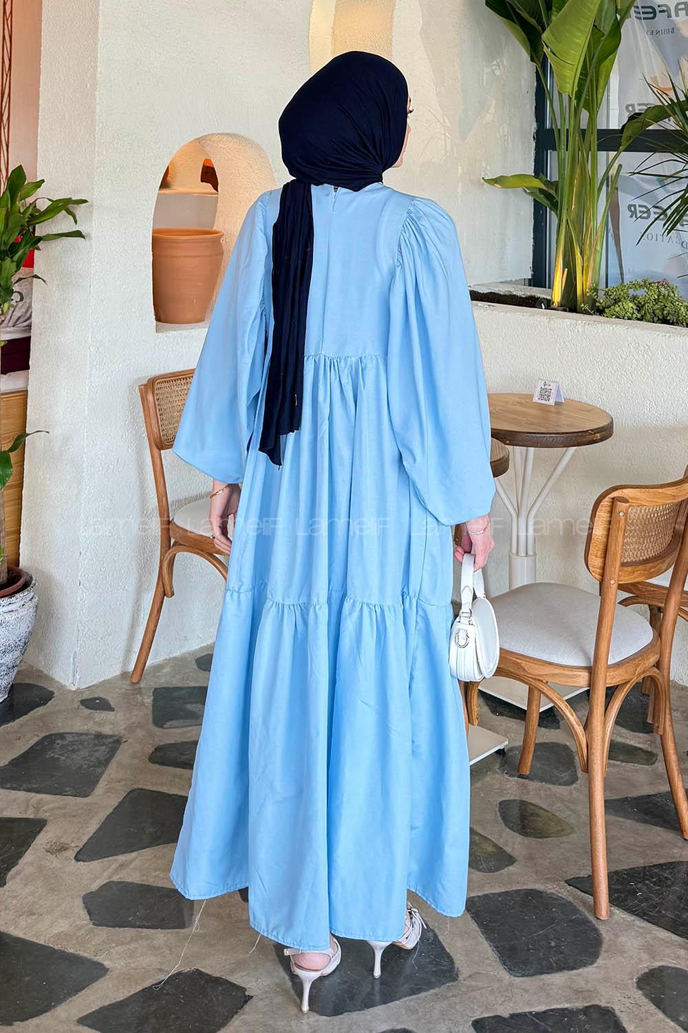Lamelif Balon Kol Katlı Tesettür Elbise Bebe Mavisi