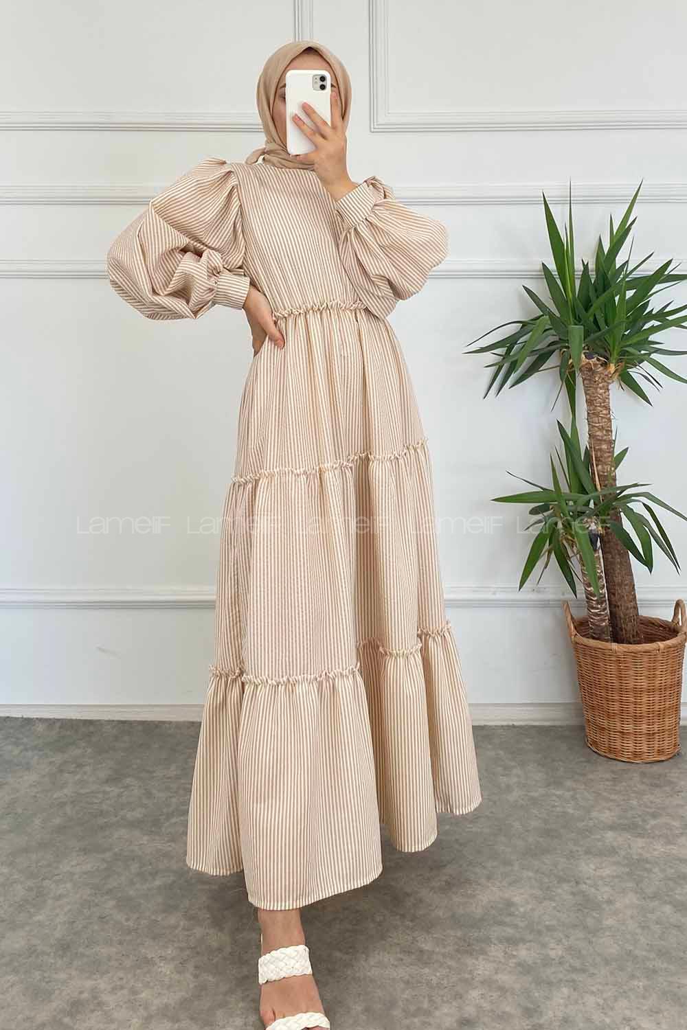 Brown With Milk Crew Neck Polyester Unprinted Dresess