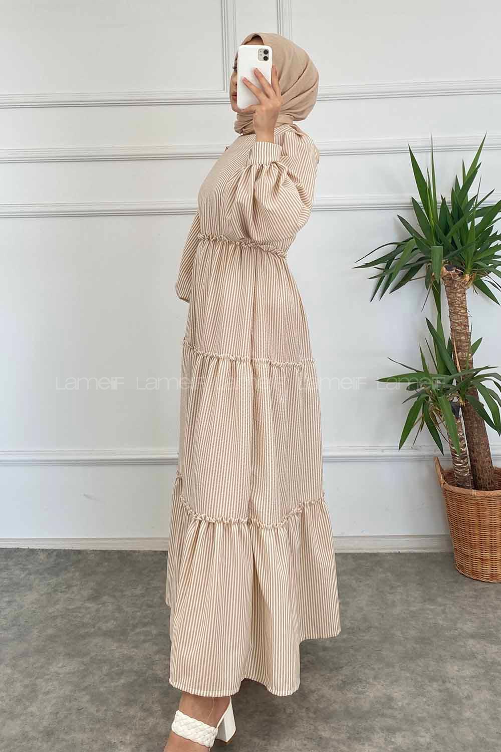 Brown With Milk Crew Neck Polyester Unprinted Dresess