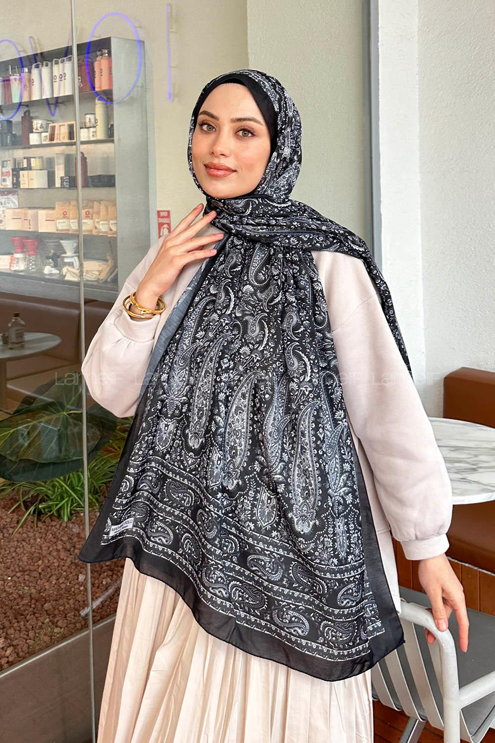 Lamelif Retro Desen Soft Şal Siyah