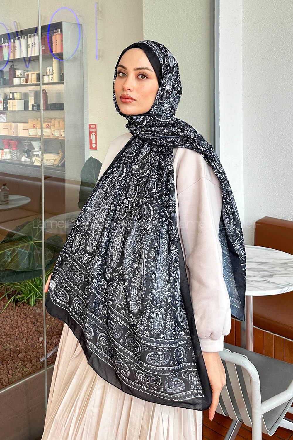 Lamelif Retro Desen Soft Şal Siyah