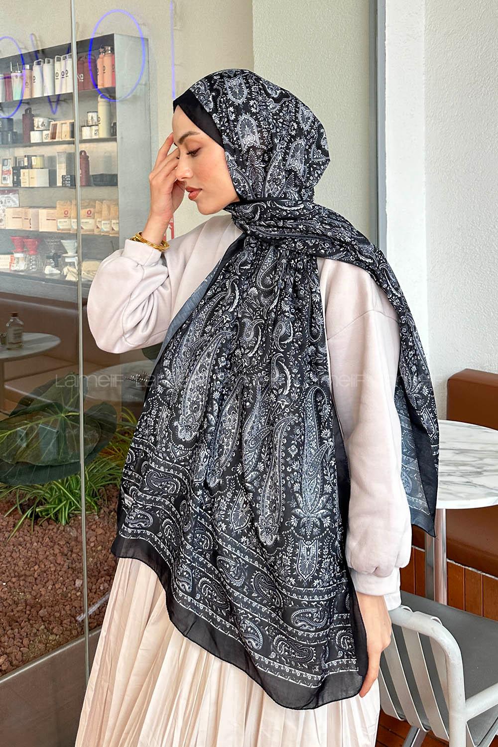 Lamelif Retro Desen Soft Şal Siyah