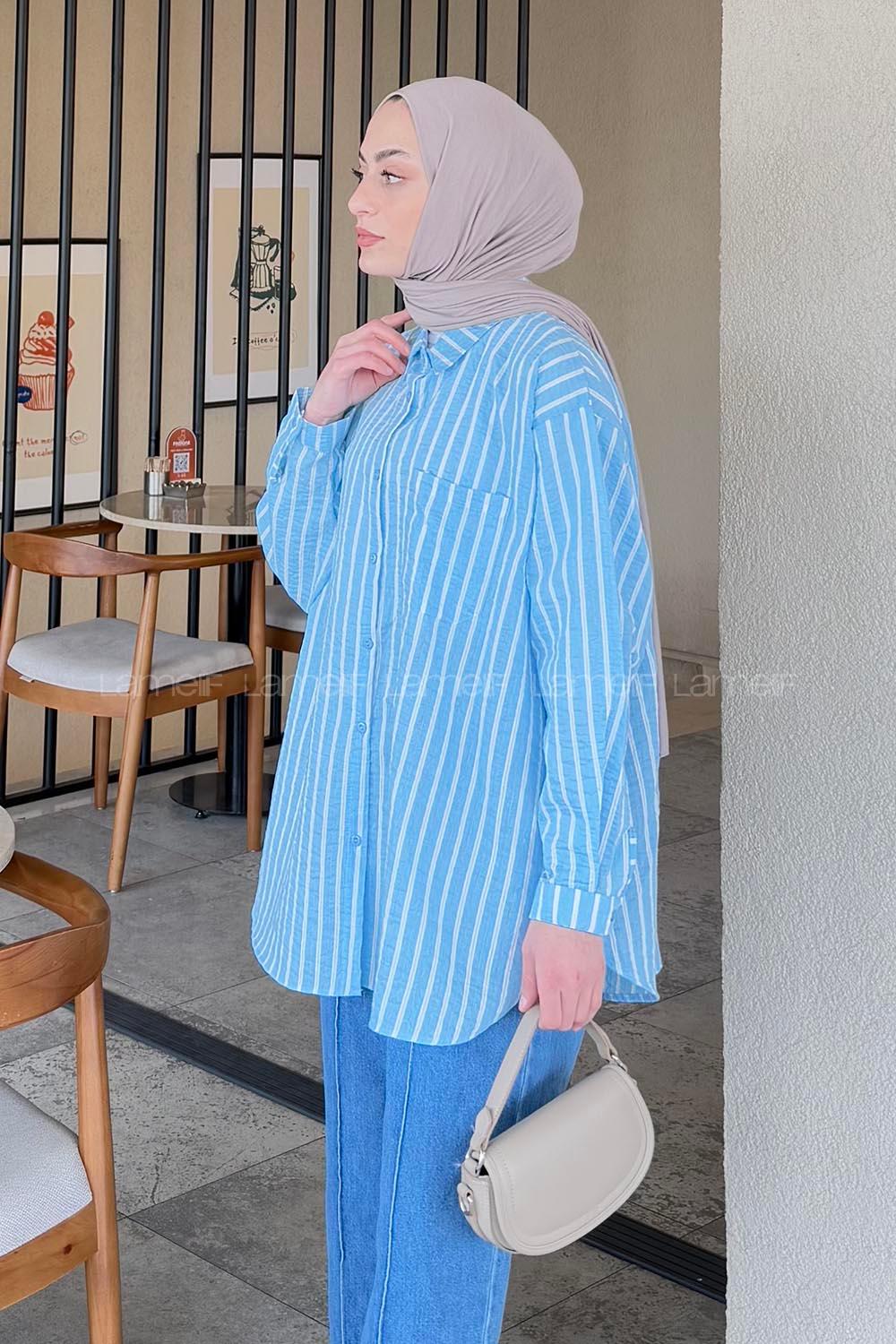 Lamelif Carla Çizgili Tesettür Gömlek Bebe Mavisi