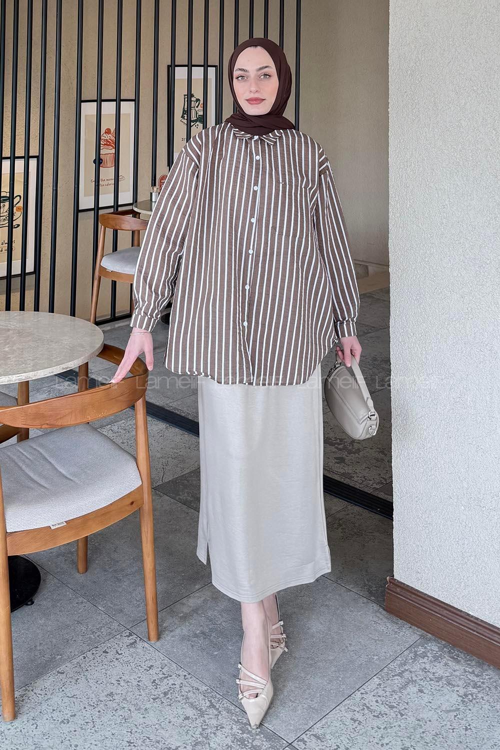 Lamelif Carla Çizgili Tesettür Gömlek Soft Kahve