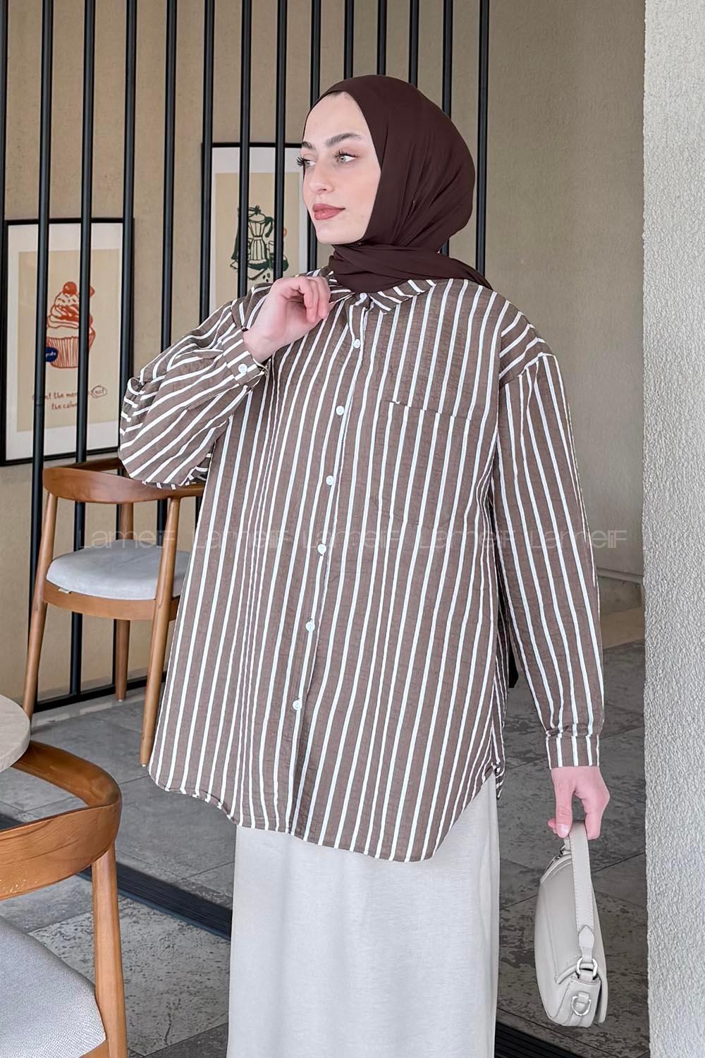 Lamelif Carla Çizgili Tesettür Gömlek Soft Kahve
