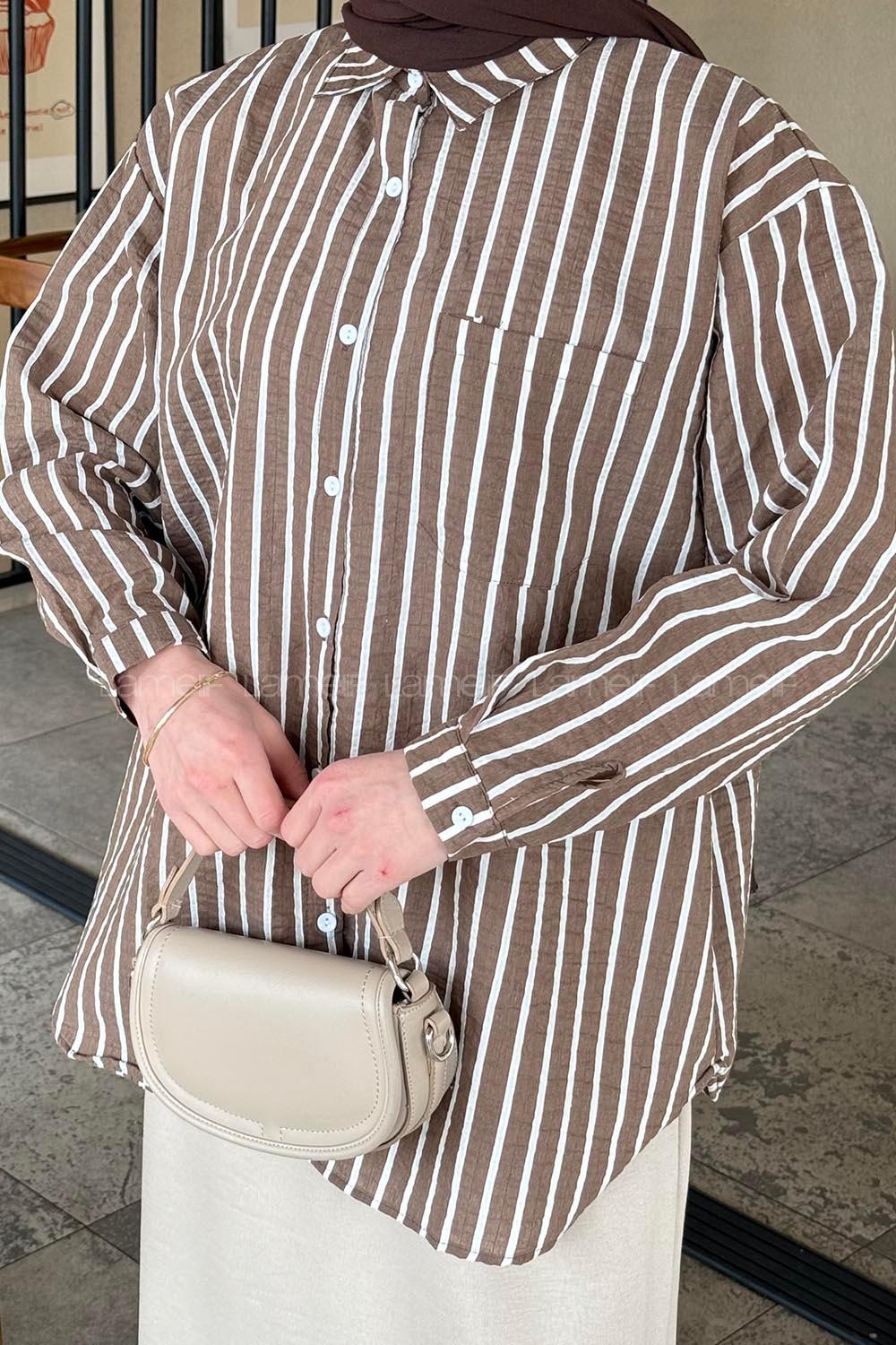 Lamelif Carla Çizgili Tesettür Gömlek Soft Kahve