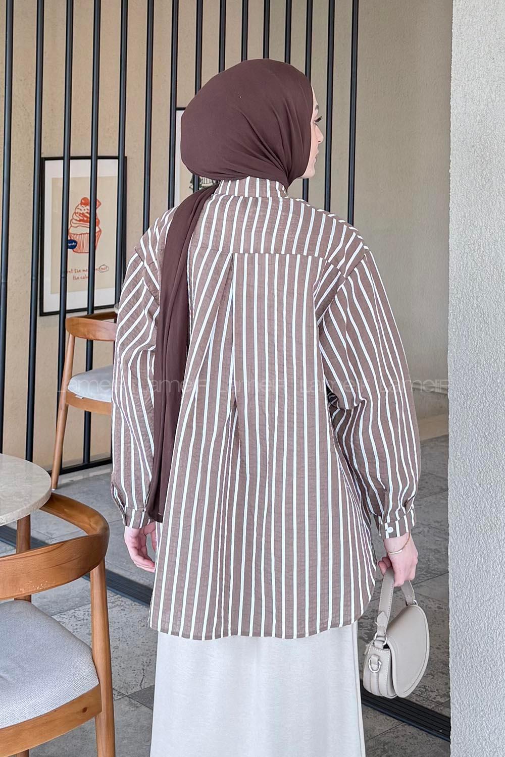 Lamelif Carla Çizgili Tesettür Gömlek Soft Kahve