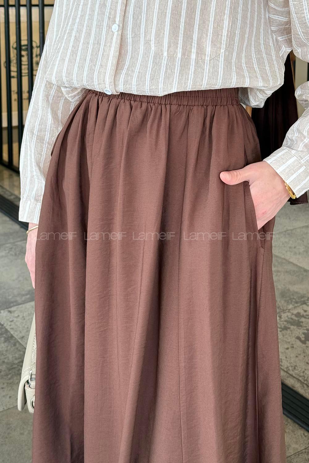 Lamelif Cep Detaylı Keten Etek Kahve