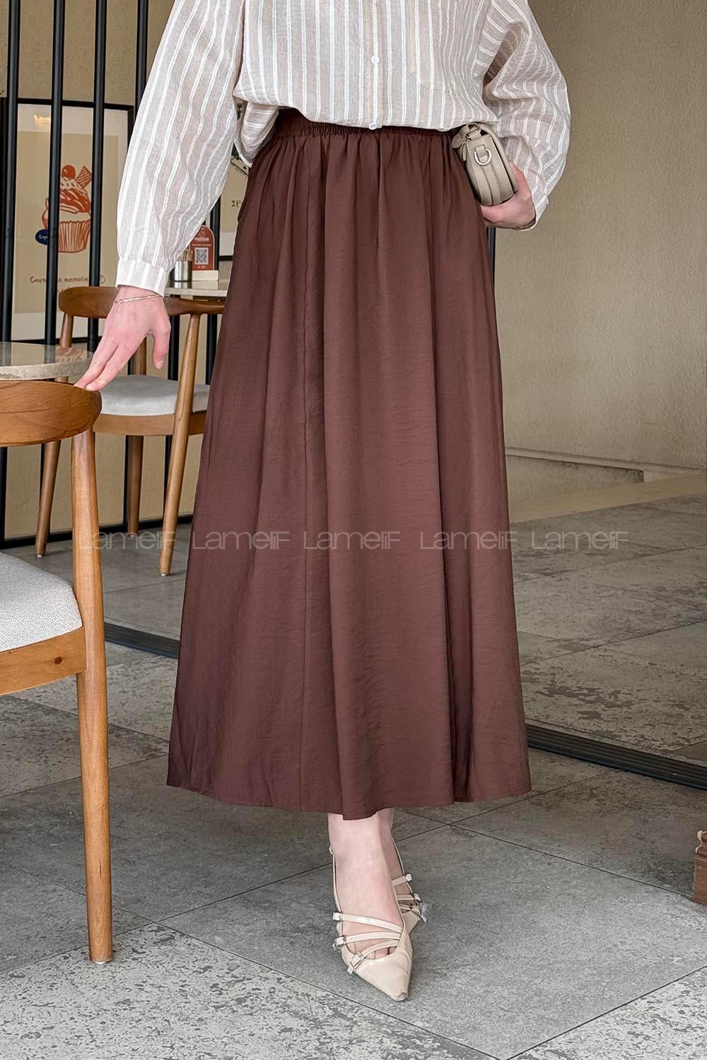 Lamelif Cep Detaylı Keten Etek Kahve