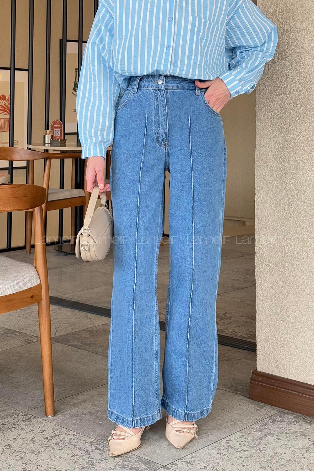 Lamelif Çıma Detaylı Denim Jean Mavi