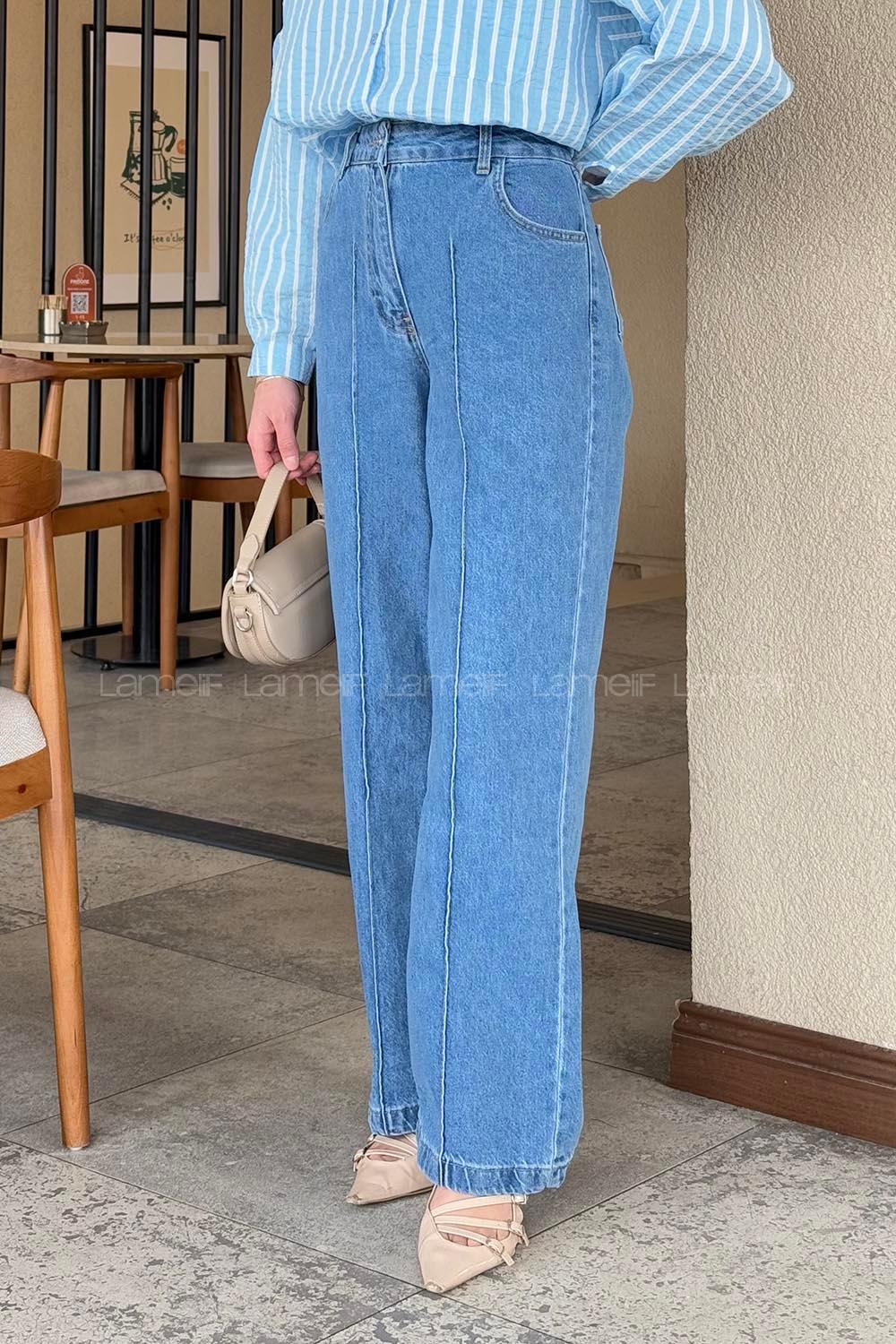 Lamelif Çıma Detaylı Denim Jean Mavi