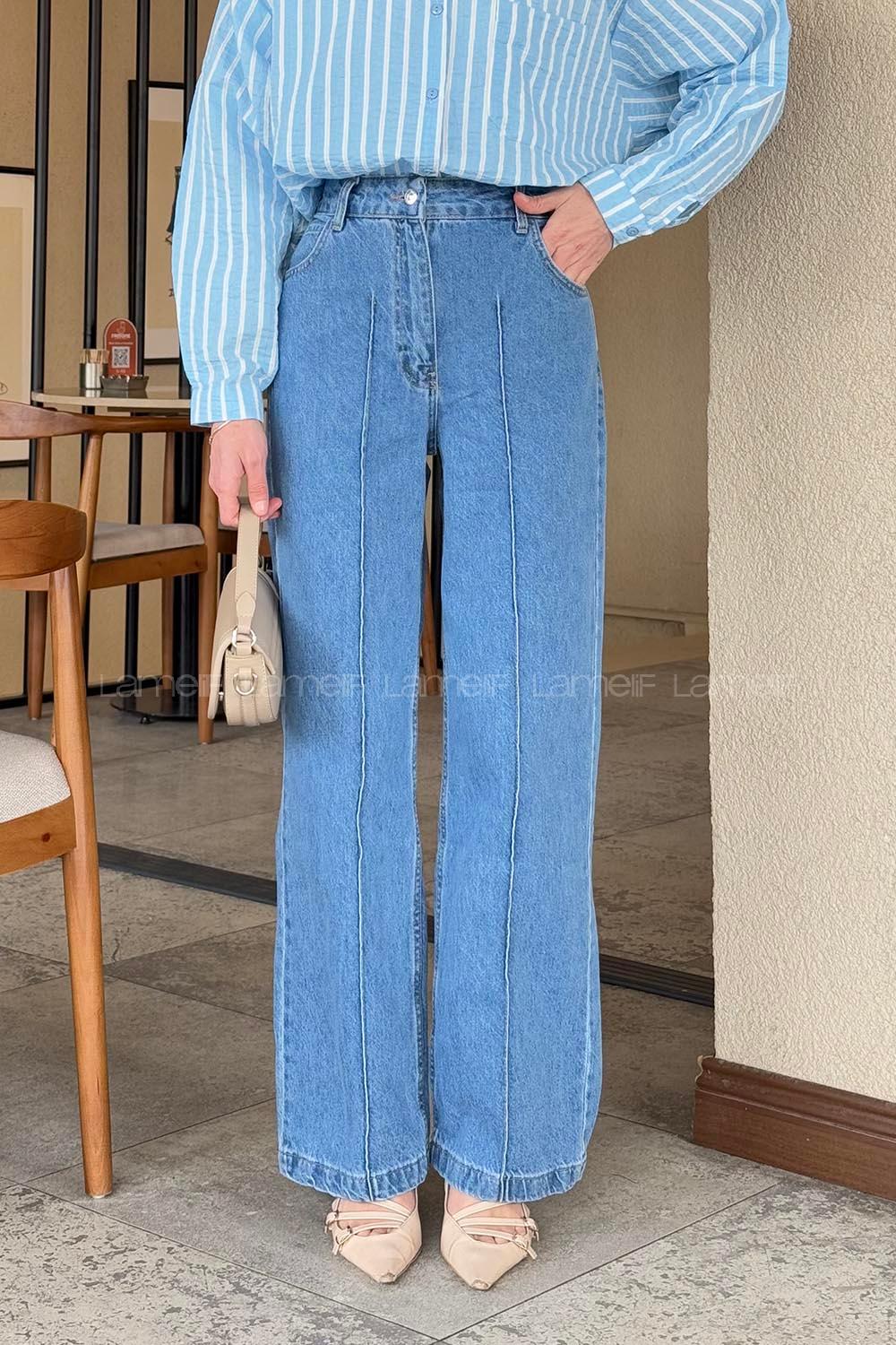 Lamelif Çıma Detaylı Denim Jean Mavi