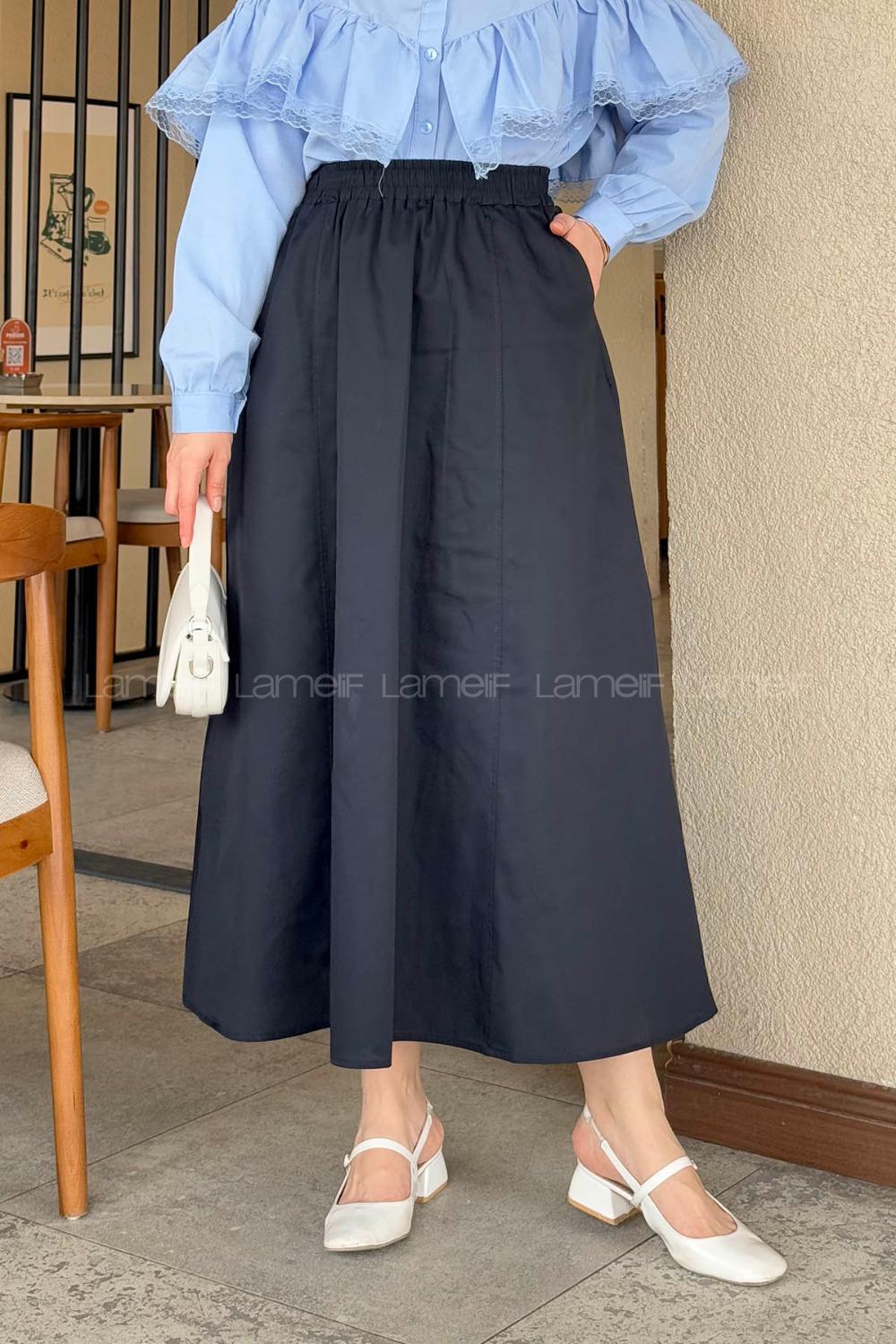 Lamelif Kloş Tesettür Etek Lacivert