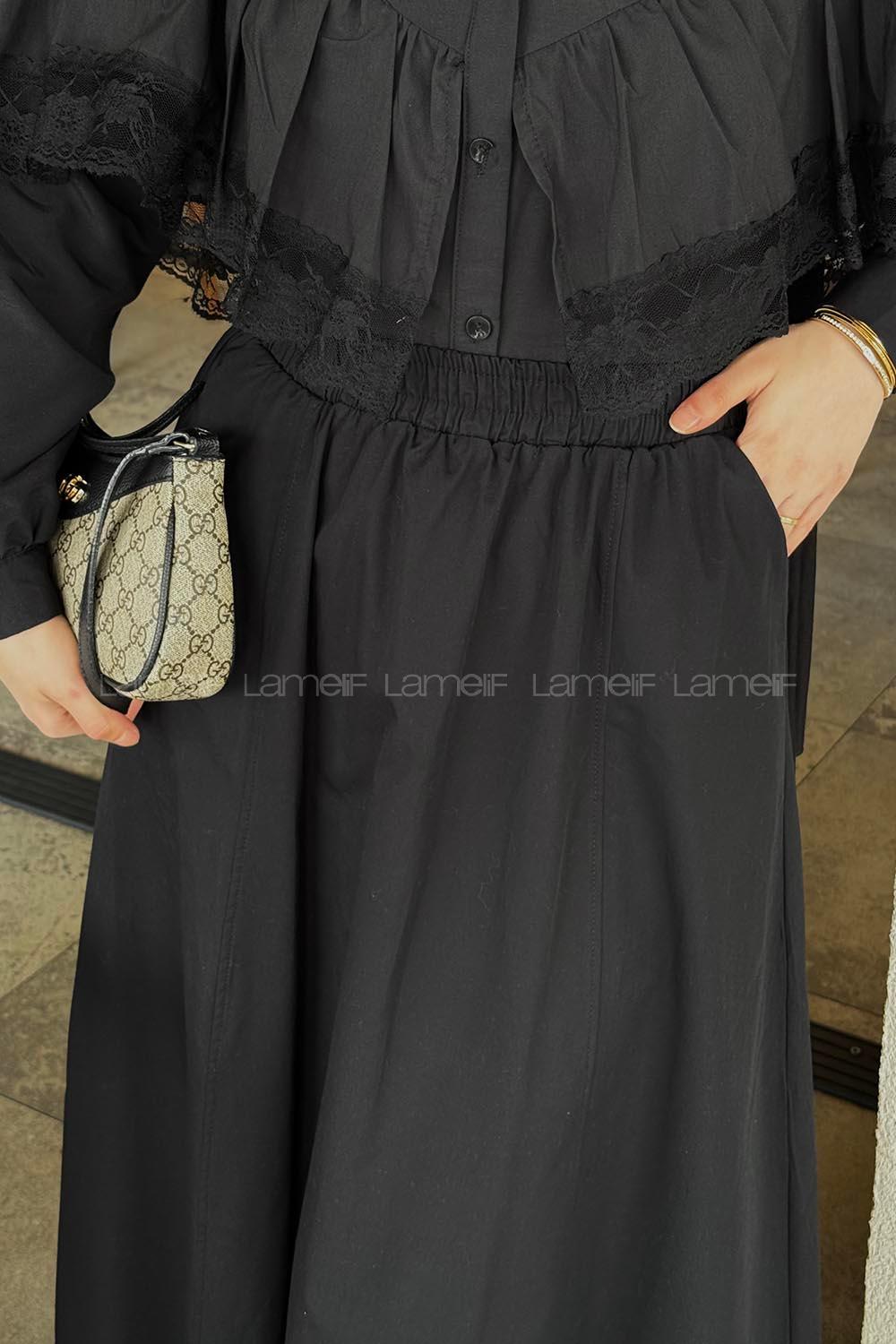 Lamelif Kloş Tesettür Etek Siyah