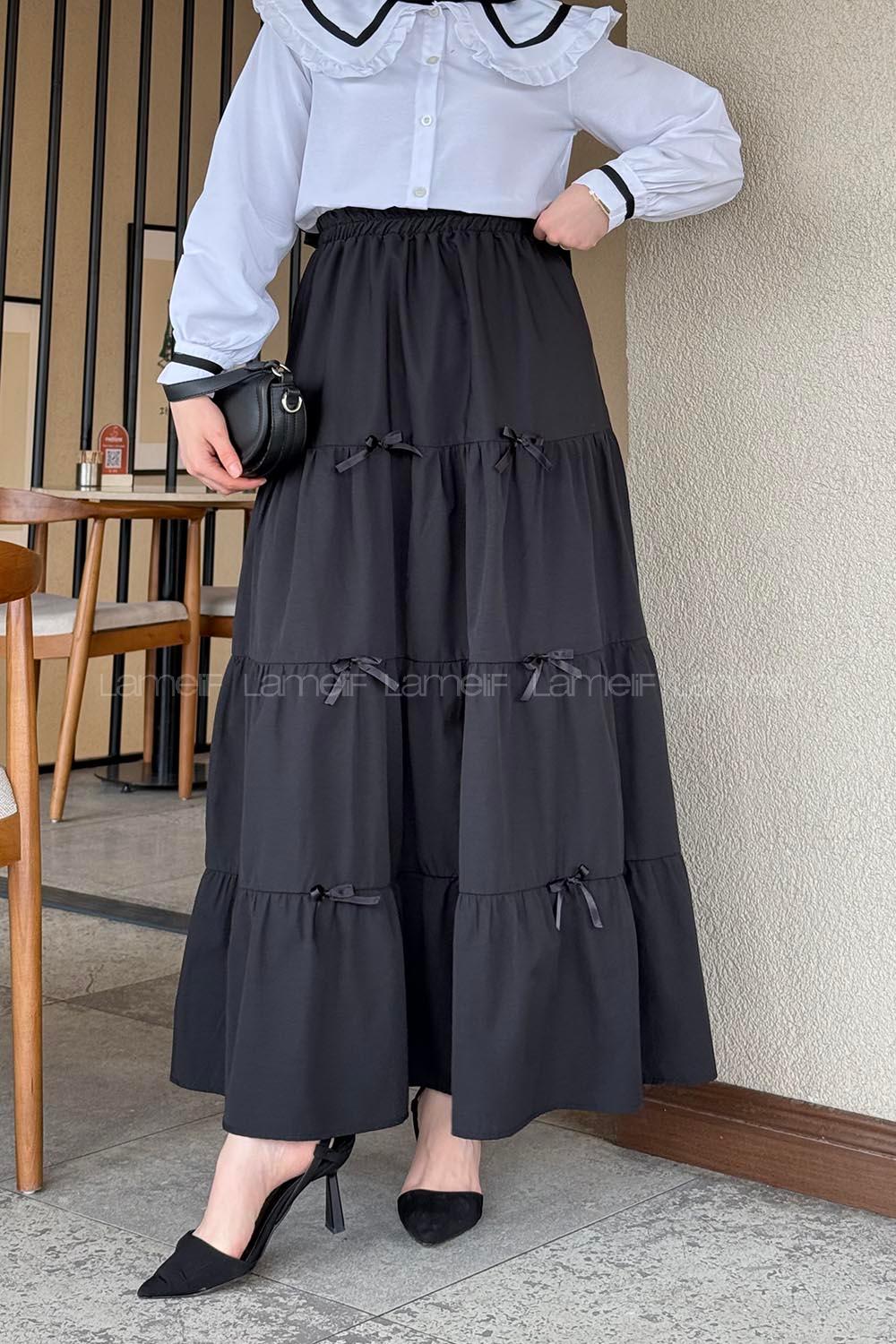 Lamelif Kurdele Detaylı Dokuma Etek Siyah