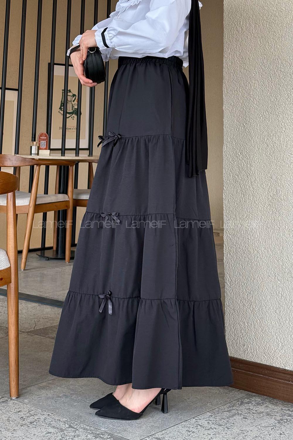 Lamelif Kurdele Detaylı Dokuma Etek Siyah