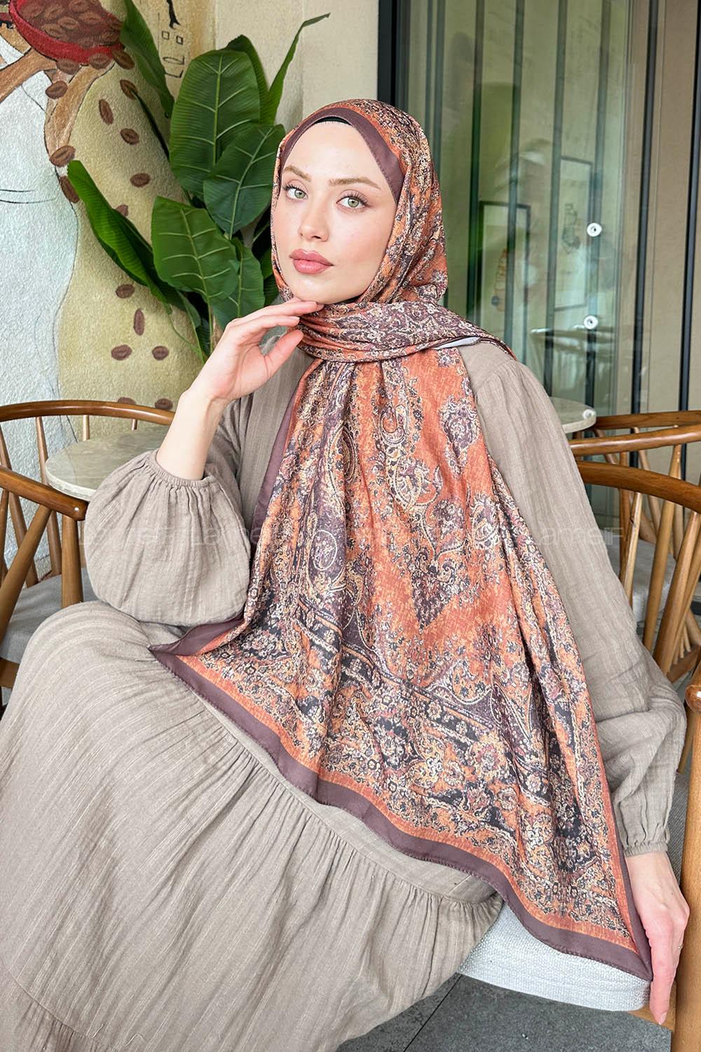 Lamelif Retro Desen Soft Şal Kahverengi Turuncu