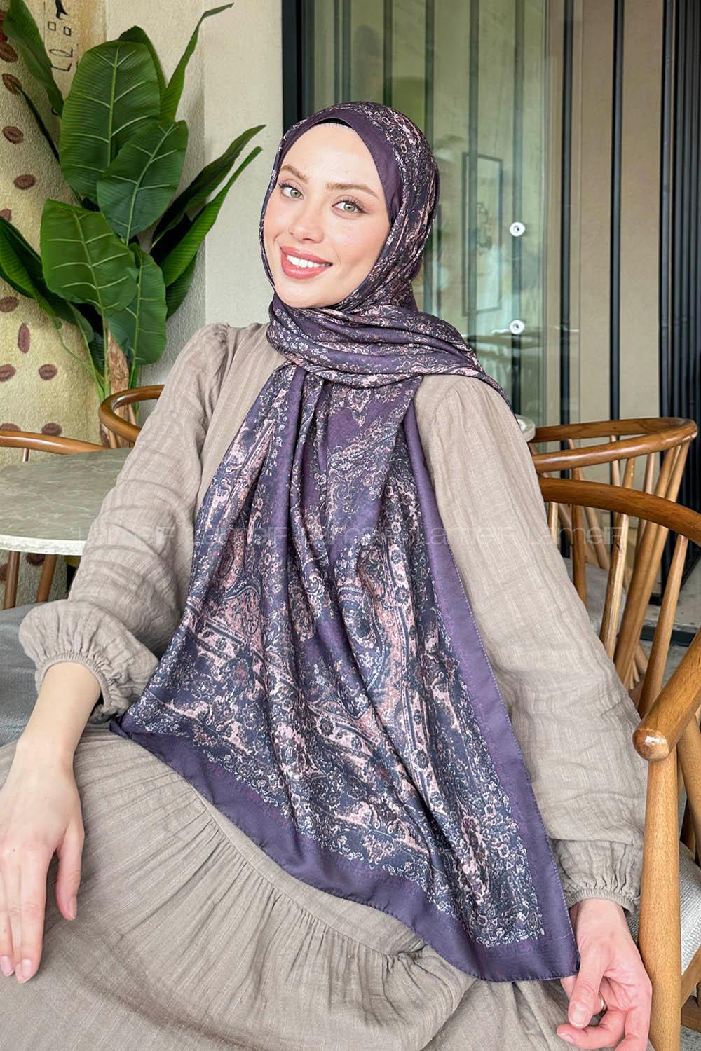 Lamelif Retro Desen Soft Şal Mürdüm