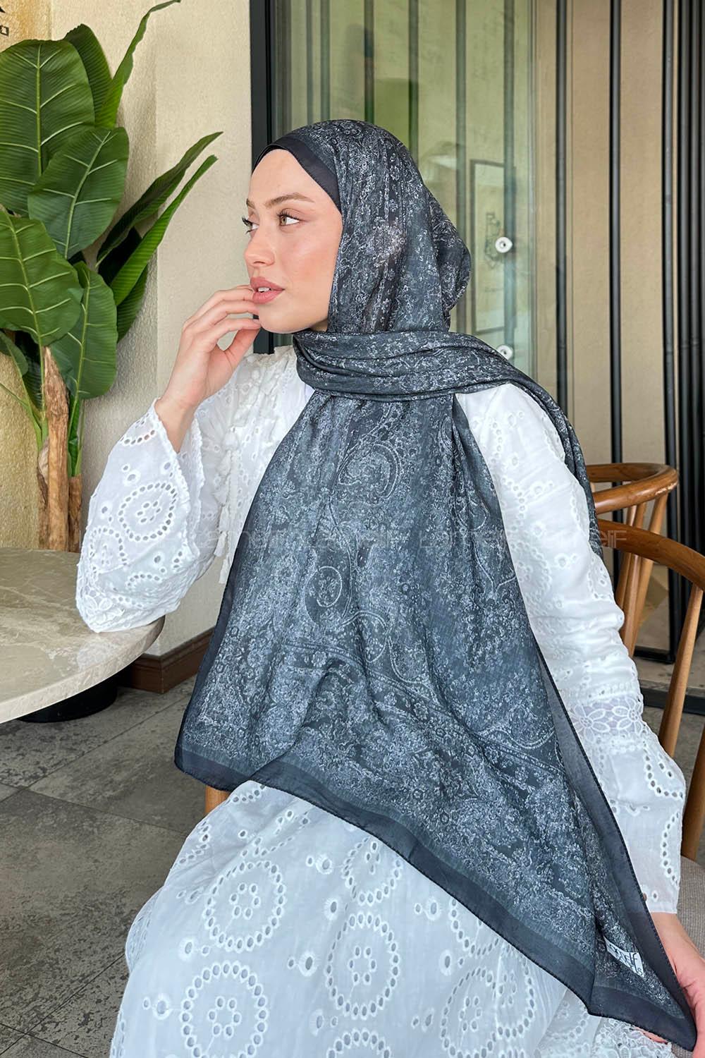 Lamelif Retro Desen Soft Şal Siyah