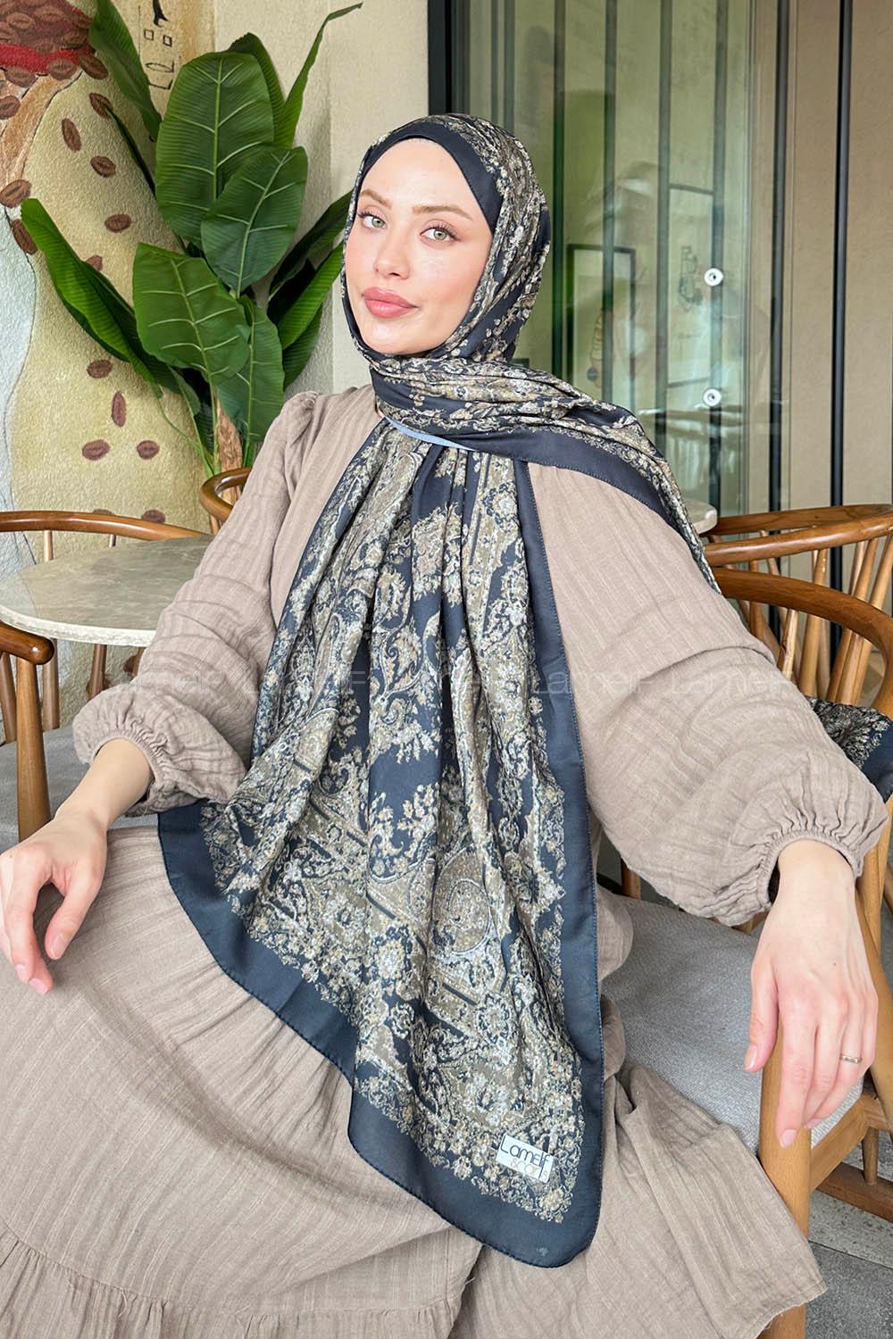 Lamelif Retro Desen Soft Şal Siyah Gold