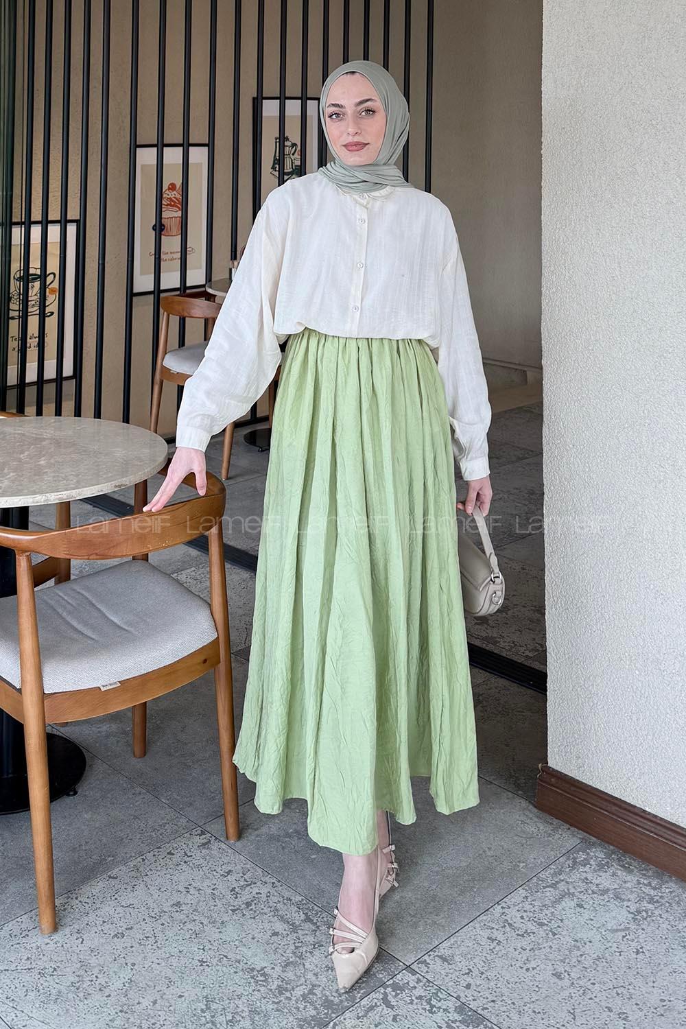 Lamelif Siena Keten Tesettür Gömlek Ekru