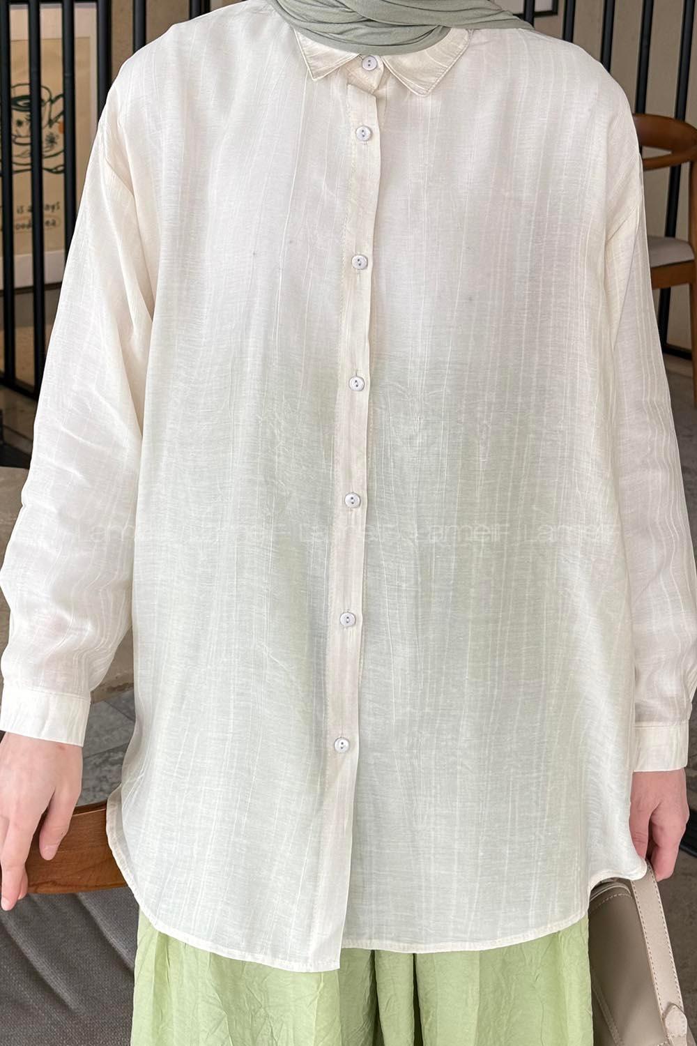 Lamelif Siena Keten Tesettür Gömlek Ekru