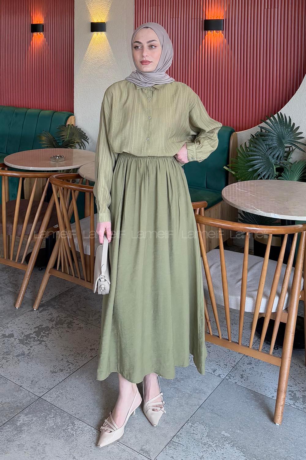 Lamelif Siena Keten Tesettür Gömlek Haki