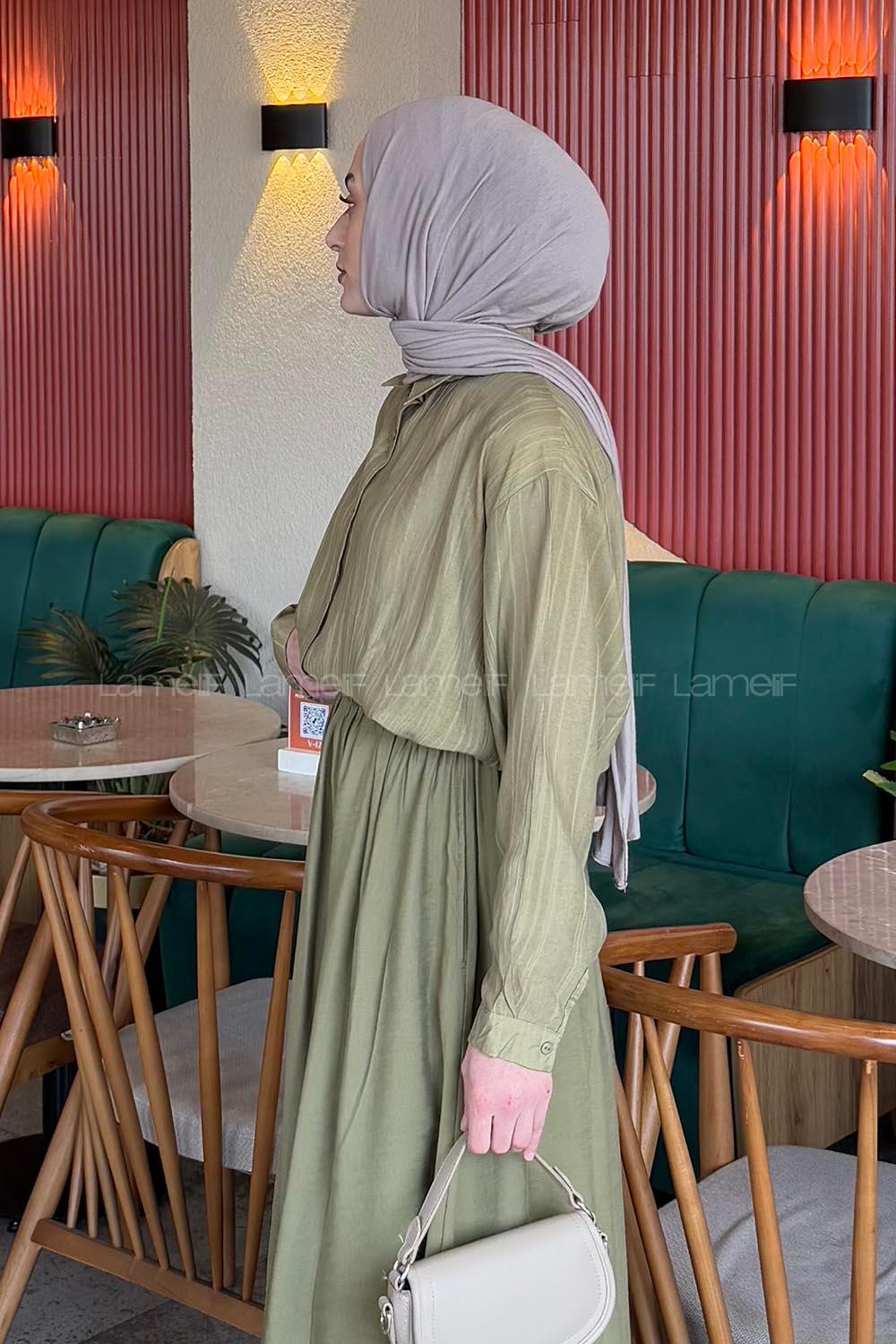 Lamelif Siena Keten Tesettür Gömlek Haki