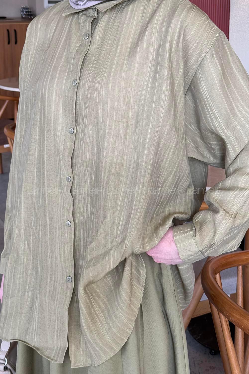 Lamelif Siena Keten Tesettür Gömlek Haki