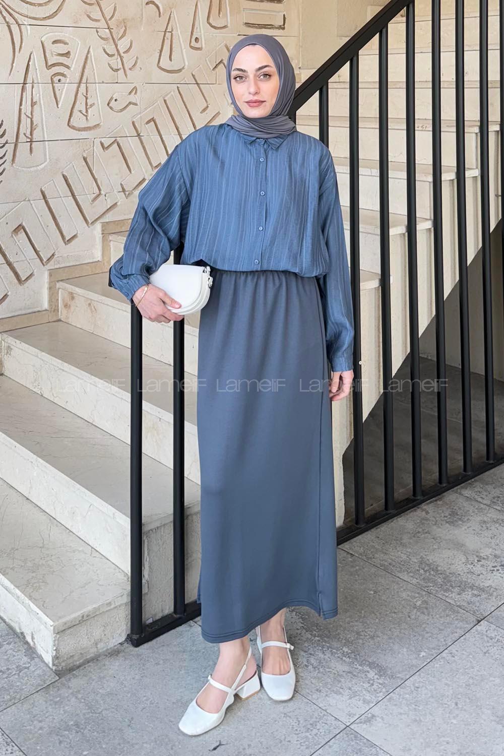 Lamelif Siena Keten Tesettür Gömlek İndigo