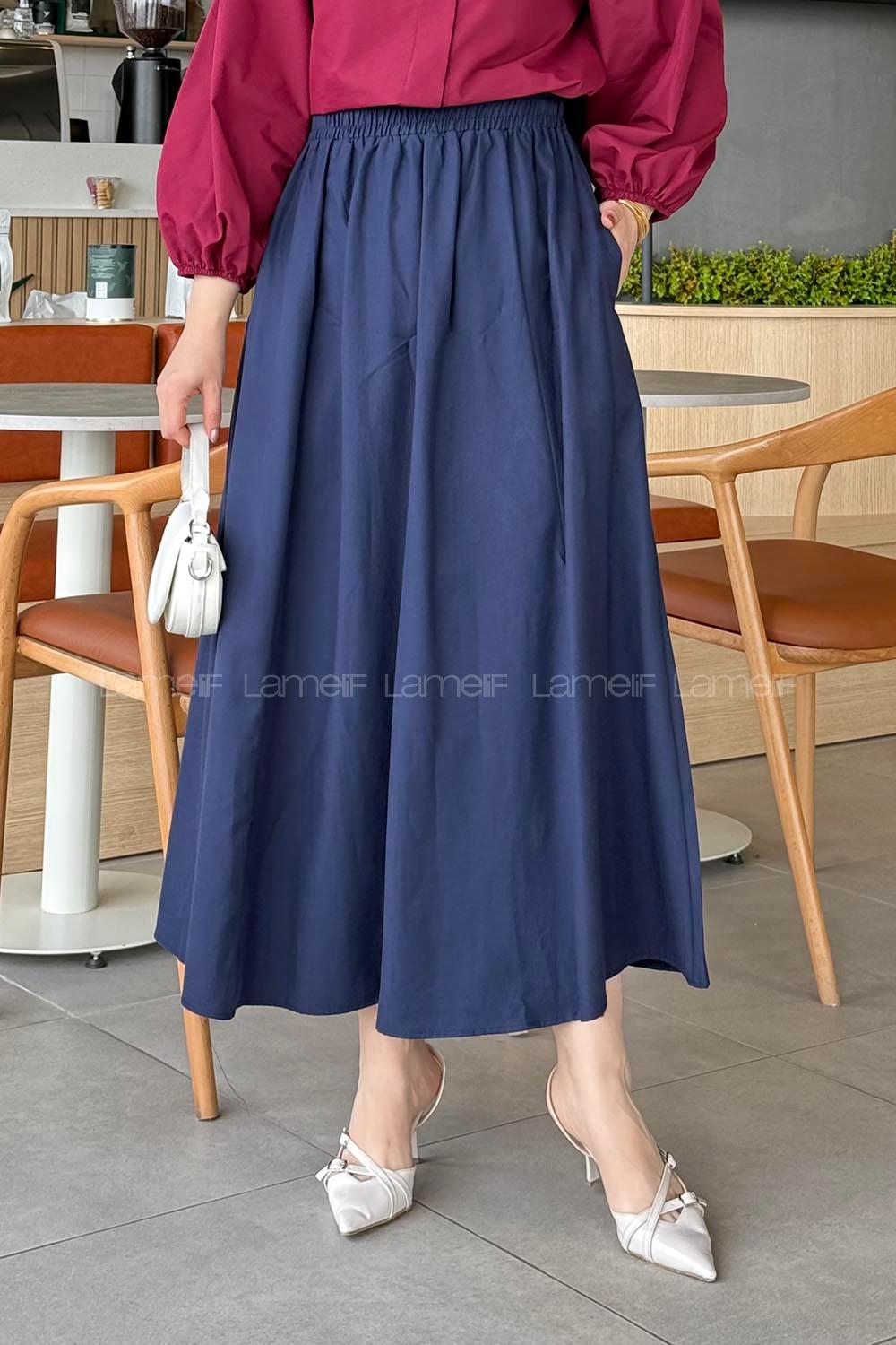 Lamelif Cep Detaylı Etek Lacivert