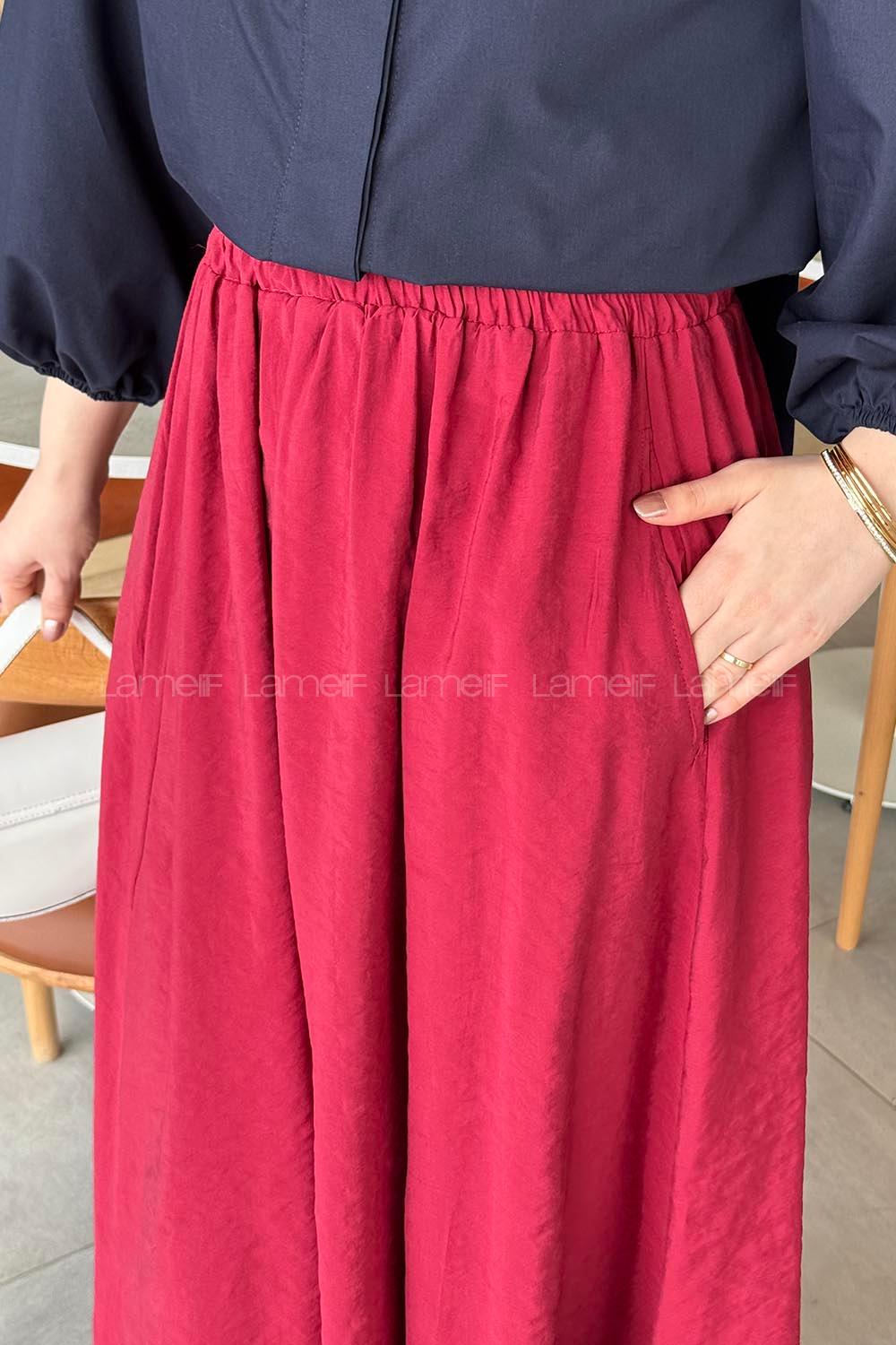 Lamelif Cep Detaylı Keten Etek Vişne Rengi