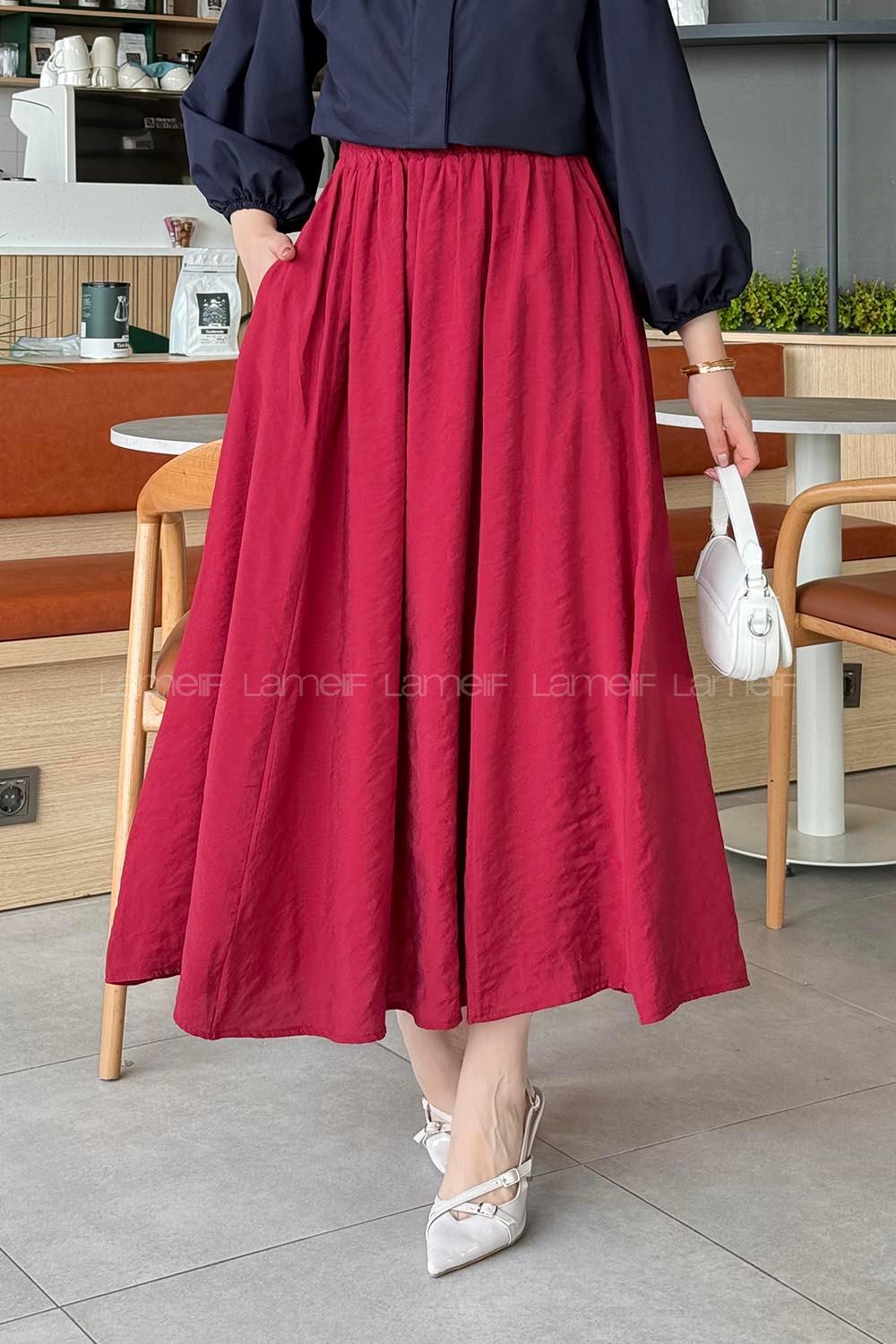 Lamelif Cep Detaylı Keten Etek Vişne Rengi