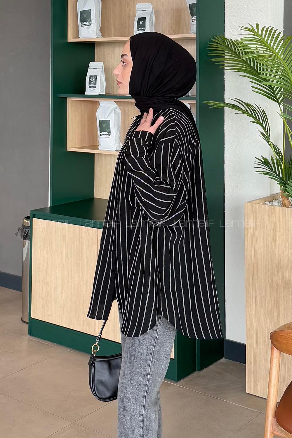 Lamelif Lamis Tek Cepli Çizgili Gömlek Siyah
