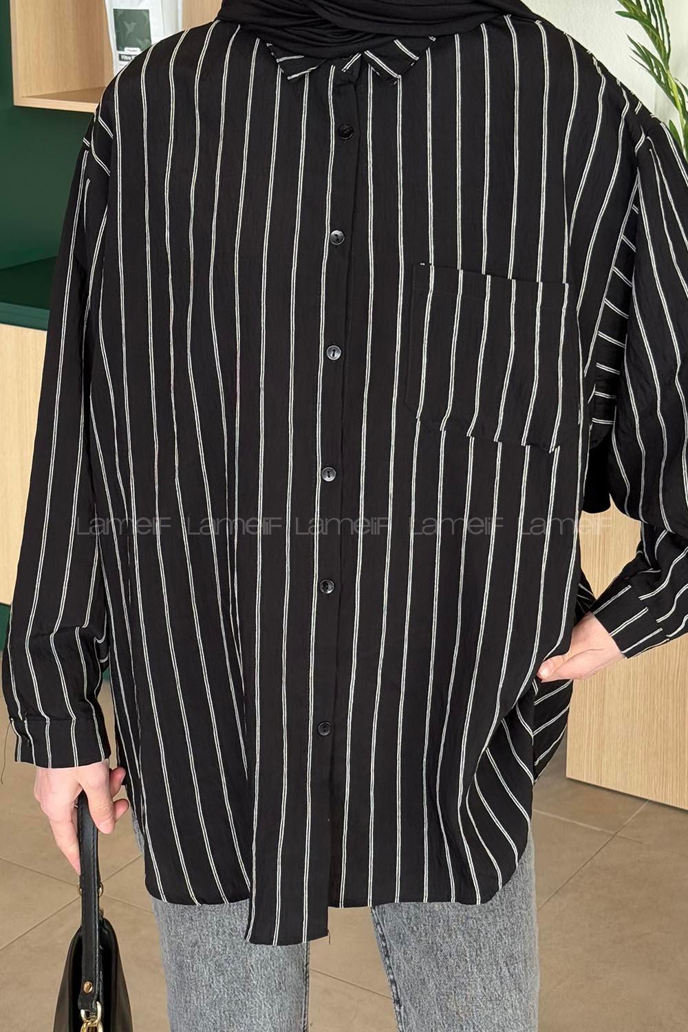 Lamelif Lamis Tek Cepli Çizgili Gömlek Siyah