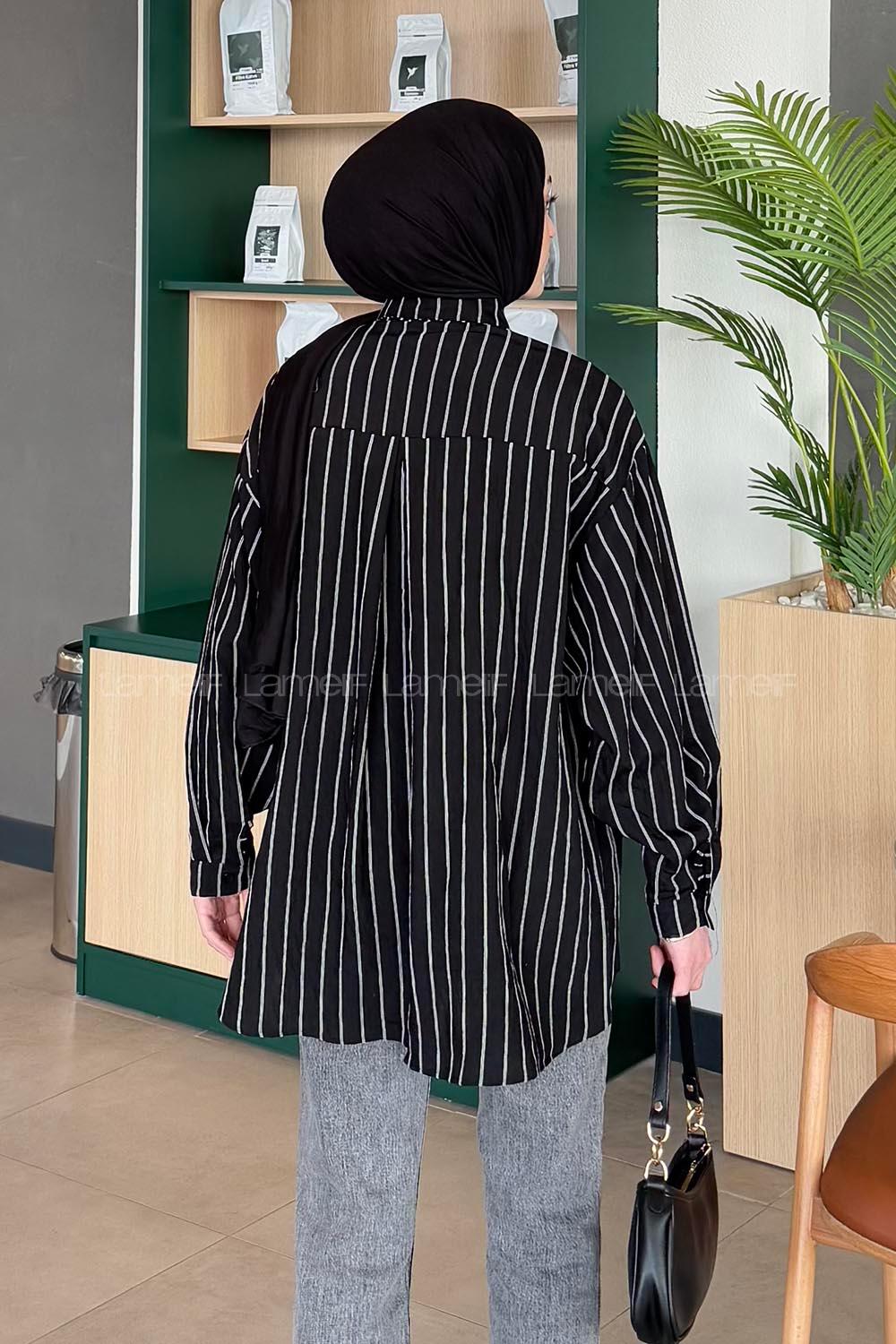 Lamelif Lamis Tek Cepli Çizgili Gömlek Siyah