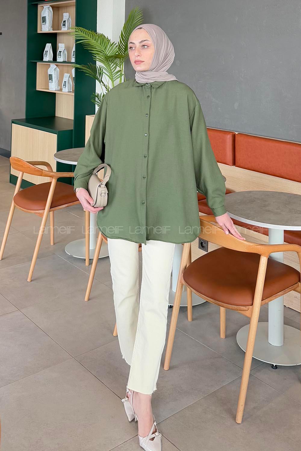 Lamelif Pera Keten Tesettür Gömlek Haki