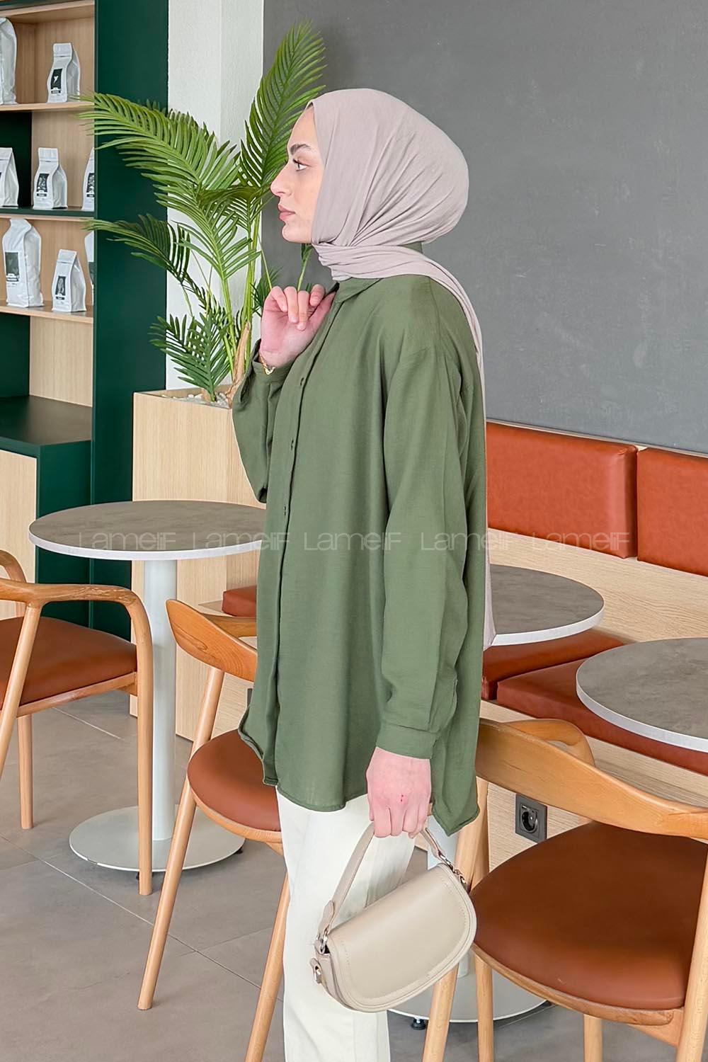 Lamelif Pera Keten Tesettür Gömlek Haki